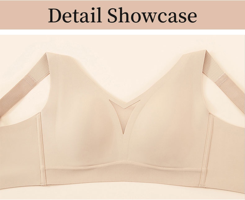 Detail showcase of sand V-neck bra front with wide sides and smooth underband VEIMIA