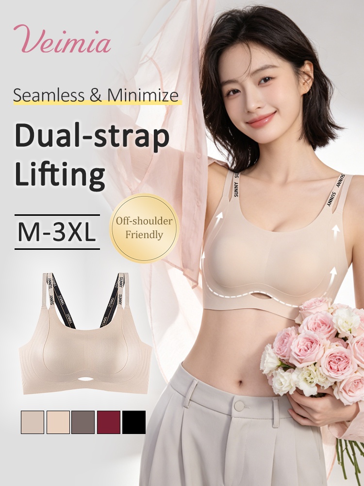 Model wearing beige seamless dual-strap lifting minimizer bra with product inset and color swatches VEIMIA