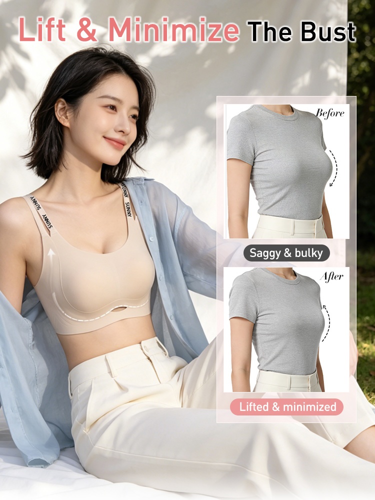 Before-and-after graphic showing bust lifting and minimizing effect of the beige bra VEIMIA