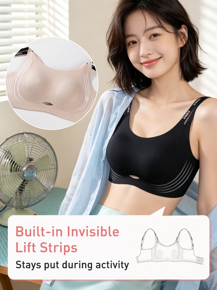 Model wearing a black bra with invisible lift strips feature callout VEIMIA