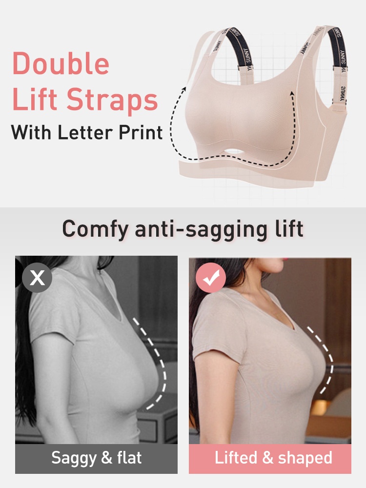 Product graphic showing double lift straps and anti-sagging before-and-after silhouette VEIMIA