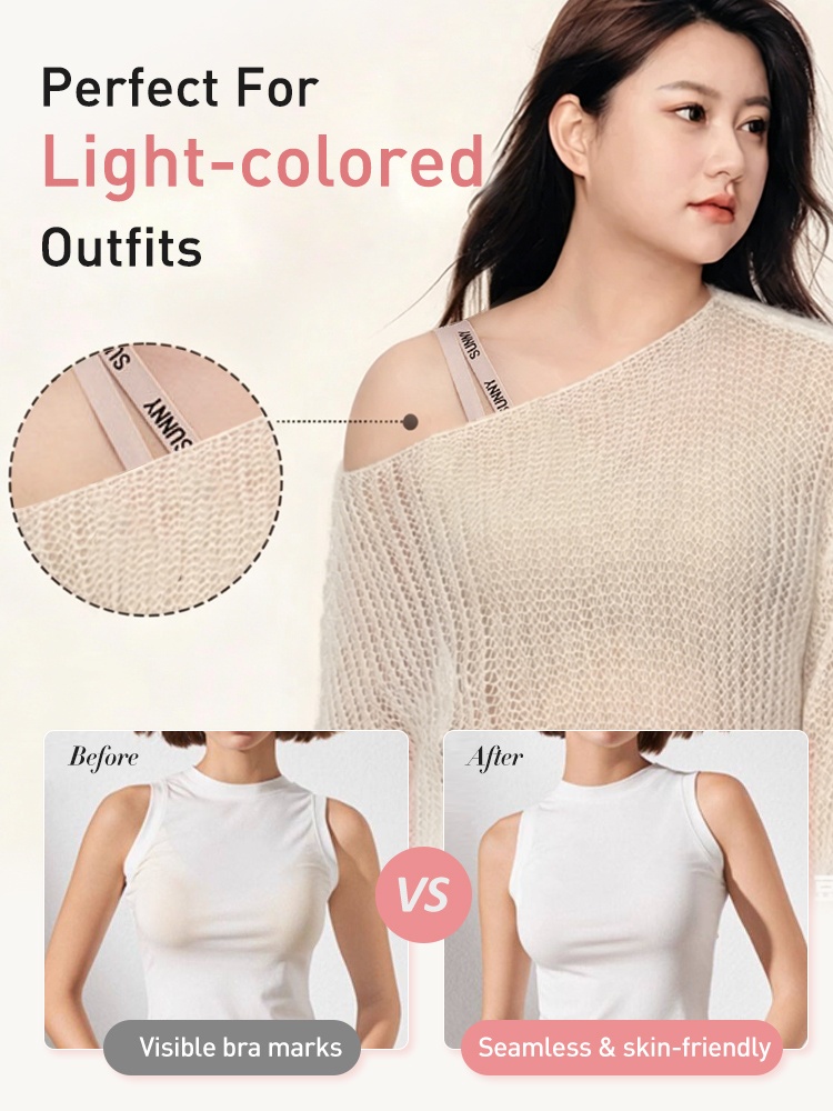 Light-colored outfit compatibility graphic with invisible bra line before-and-after comparison VEIMIA