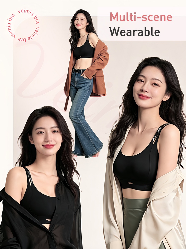 Multi-scene outfit collage featuring the black dual-strap bra VEIMIA