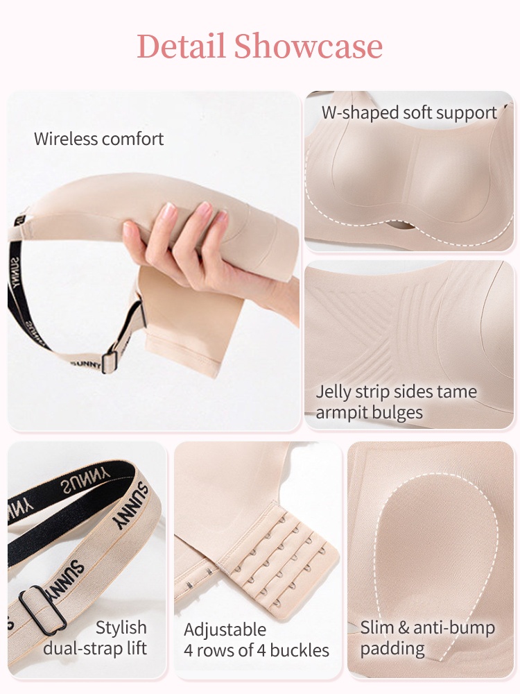 Detail collage showing wireless comfort, W-shaped support, side smoothing, straps, hooks and padding VEIMIA