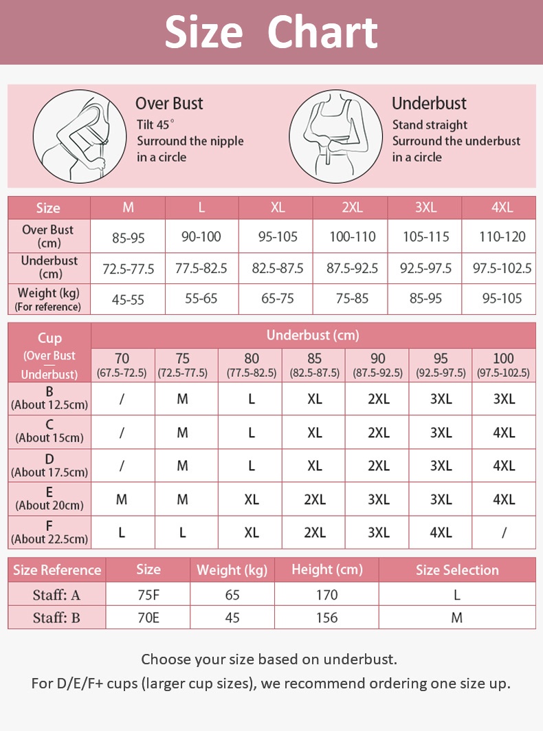 Size chart for the dual-strap lifting bra with overbust, underbust and cup guidance VEIMIA