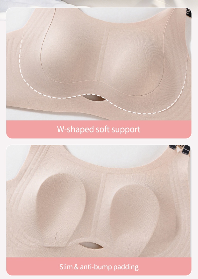 Close-up of bra cups showing W-shaped soft support and slim anti-bump padding VEIMIA