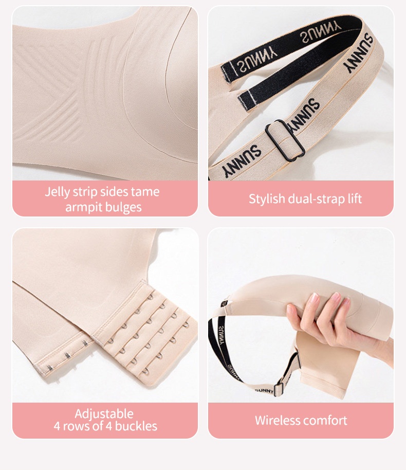 Feature collage showing side support, dual straps, back closure and wireless comfort VEIMIA