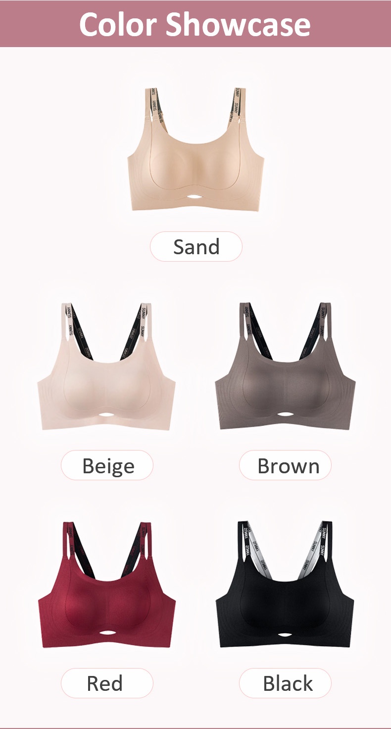 Color chart showing sand, beige, brown, red and black dual-strap bras VEIMIA