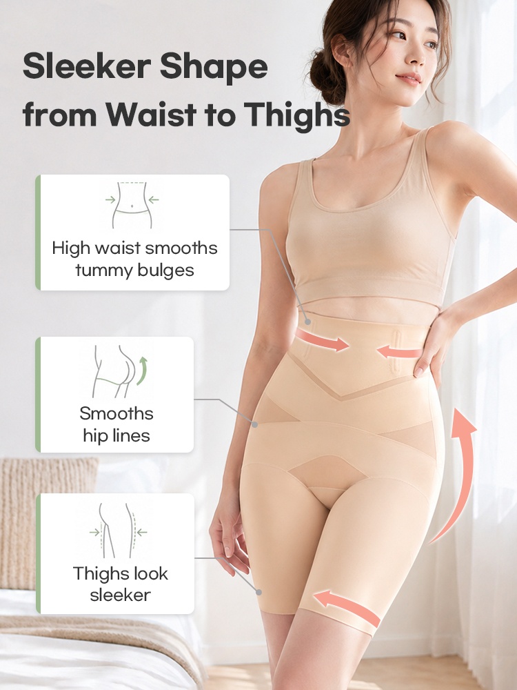 Model wearing beige high waist shaping shorts with waist and thigh smoothing guide VEIMIA
