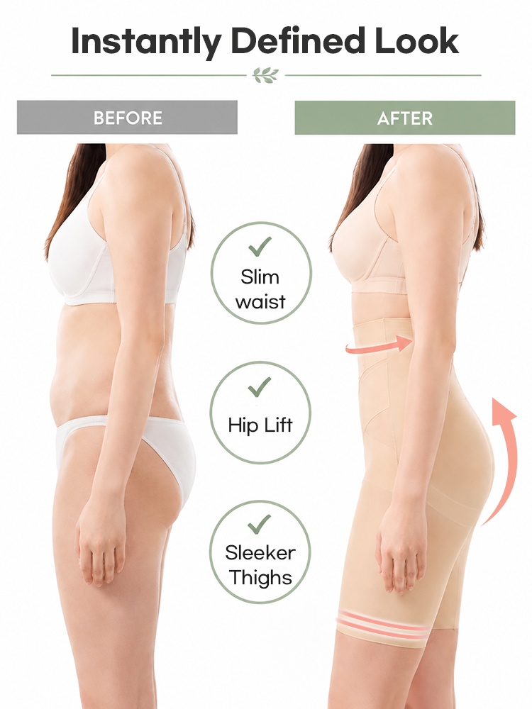 Before and after side comparison wearing beige waist and thigh shaping shorts VEIMIA