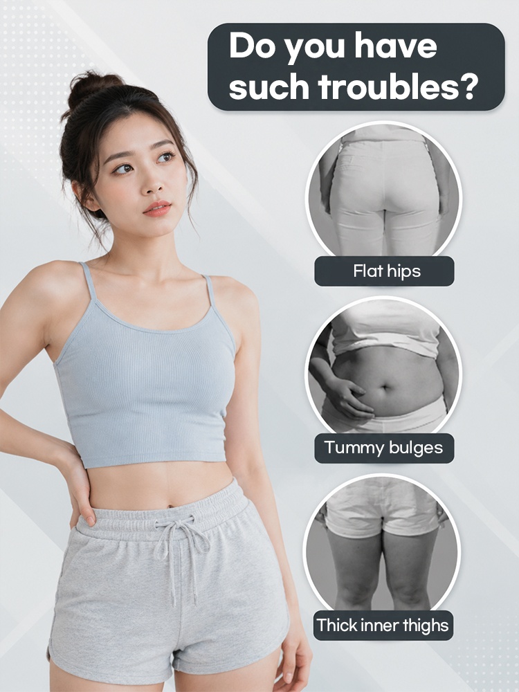 Problem graphic showing flat hips tummy bulges and inner thigh concerns VEIMIA