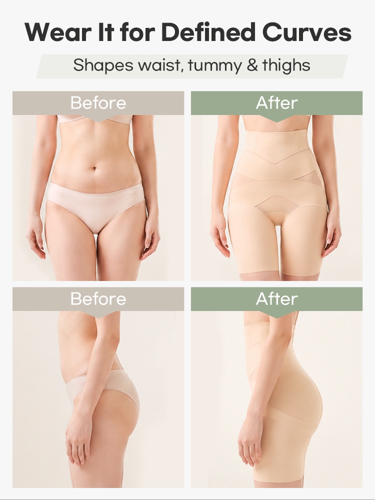 Before and after front and side comparison with beige shaping shorts VEIMIA