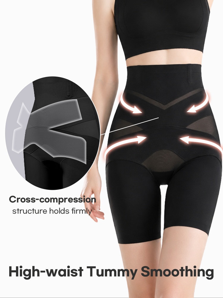 Back view of model wearing black shaping shorts with cross-compression structure VEIMIA