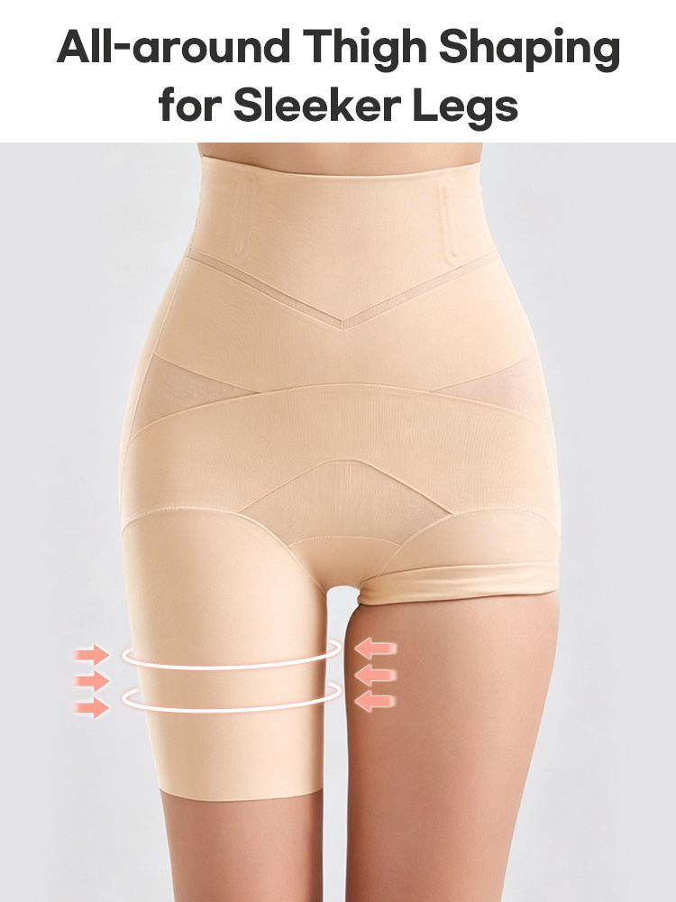 Front view of beige high waist shaping shorts with thigh compression guide VEIMIA