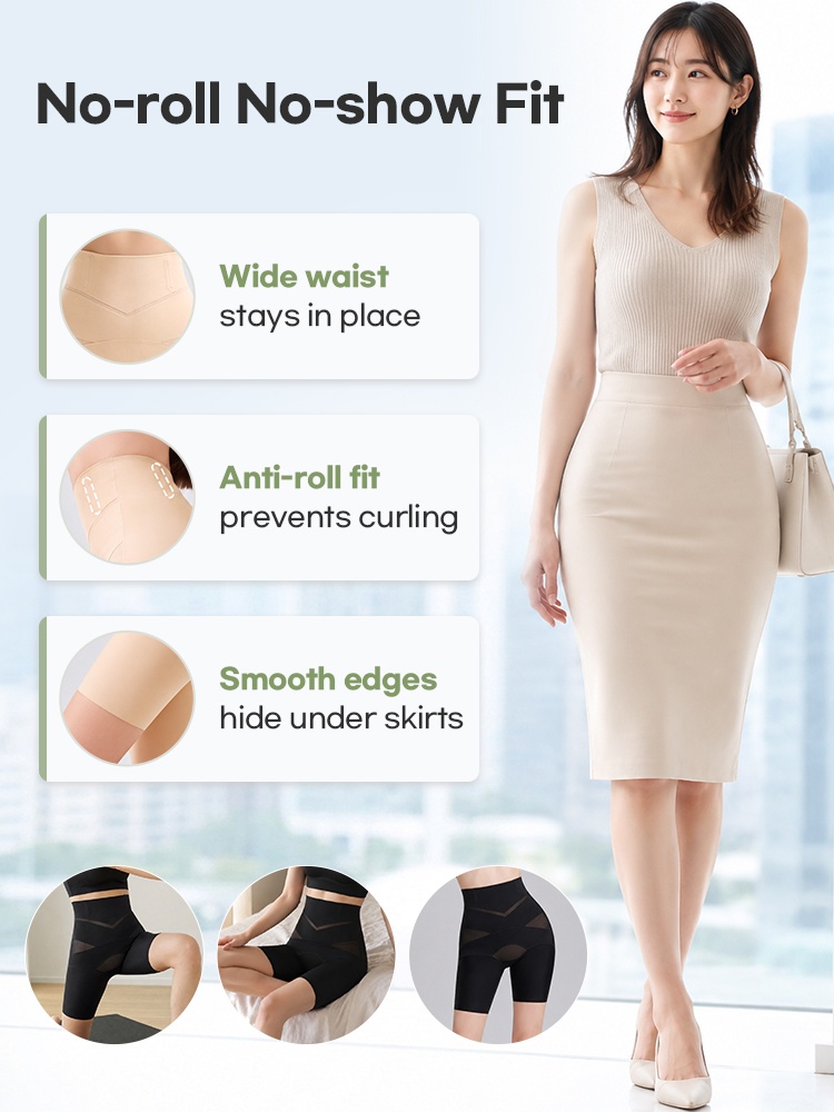 Feature graphic showing wide waist anti-roll fit and smooth leg edges VEIMIA