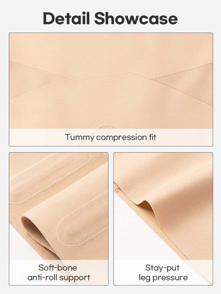 Detail showcase of tummy compression anti-roll support and smooth leg edges VEIMIA