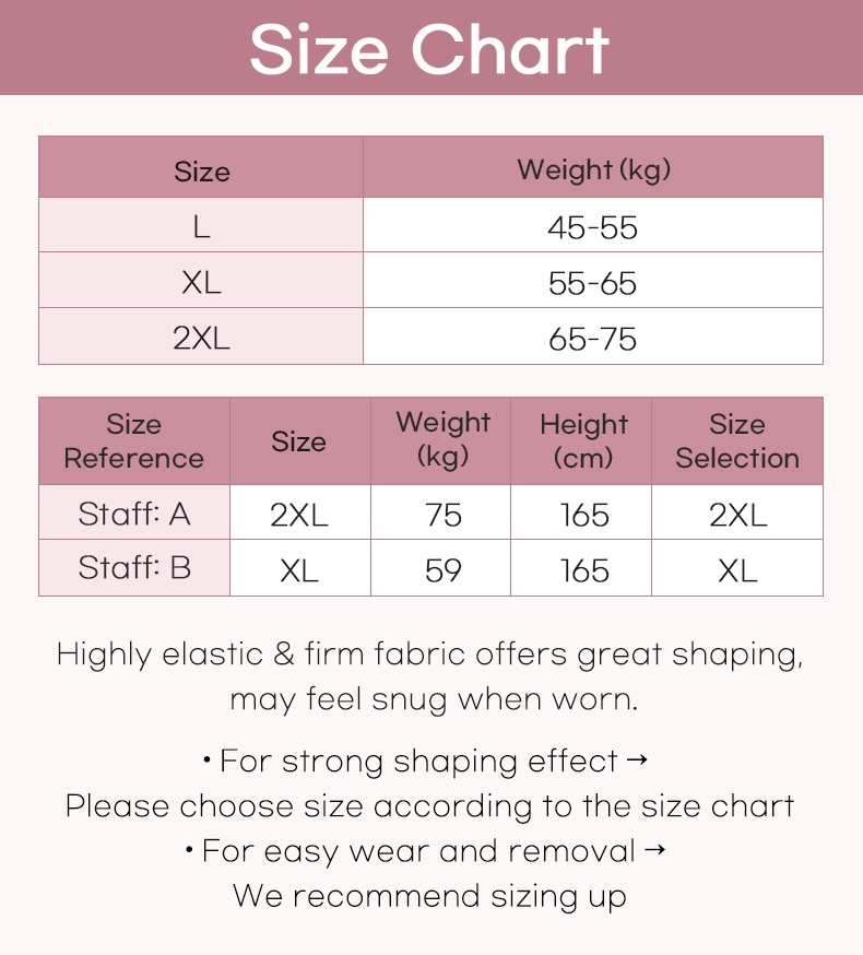 Shaping shorts size chart with weight height and size selection guide VEIMIA