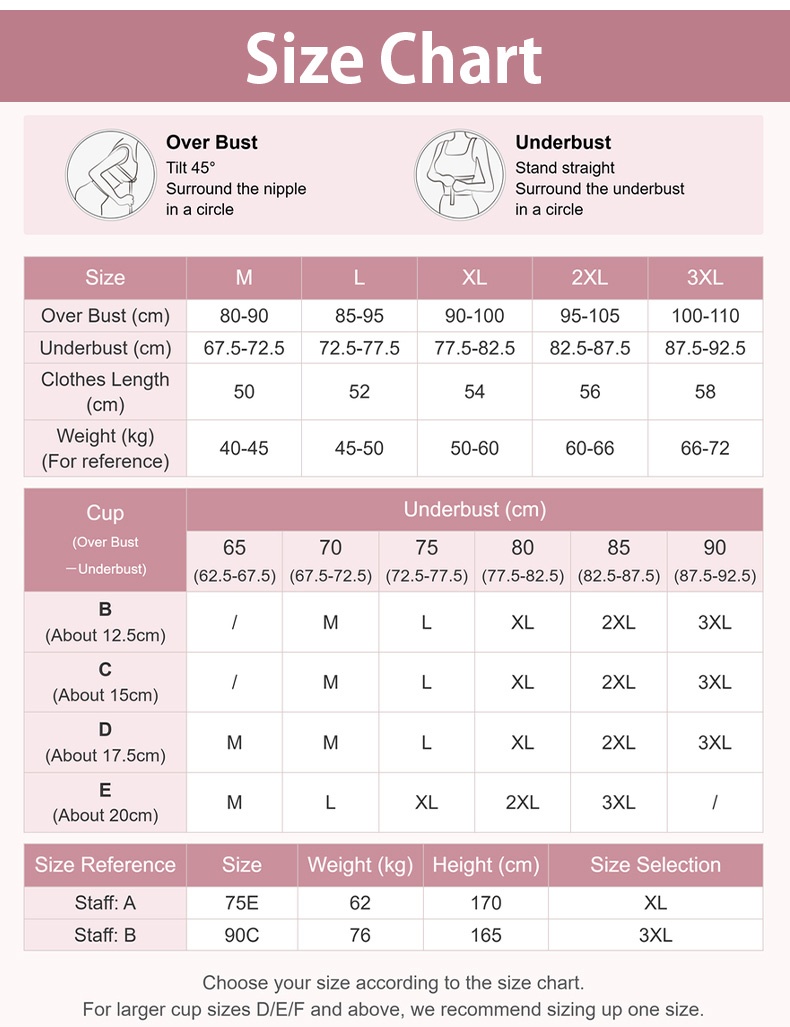 Tank top size chart with bust underbust and cup measurements VEIMIA