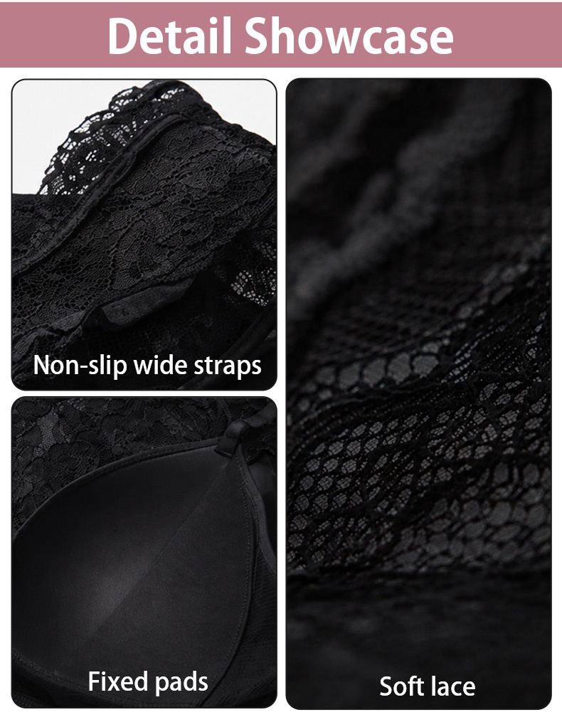 Detail showcase of black lace tank top straps fixed pads and lace VEIMIA