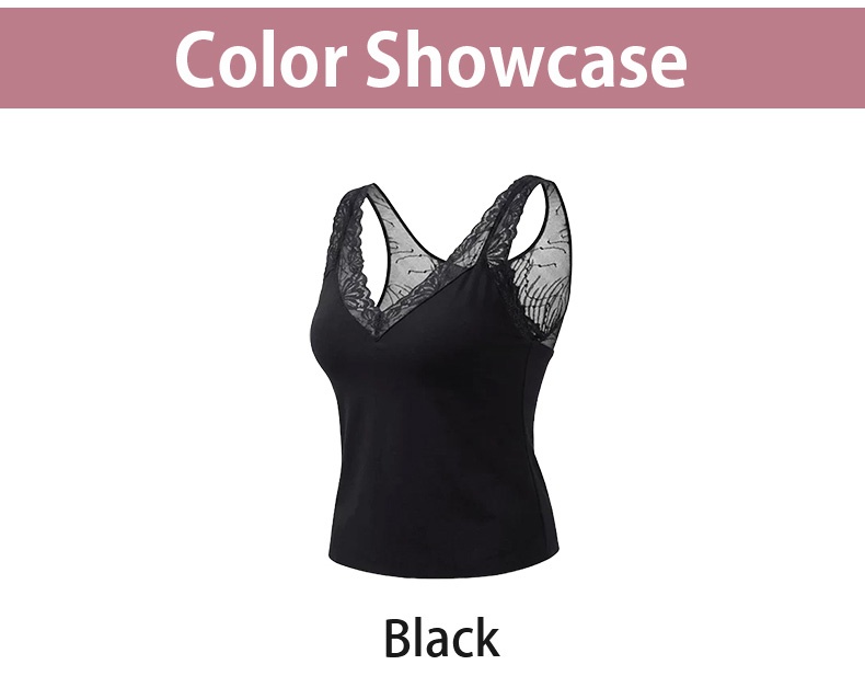 Color showcase of black lace tank top front view VEIMIA