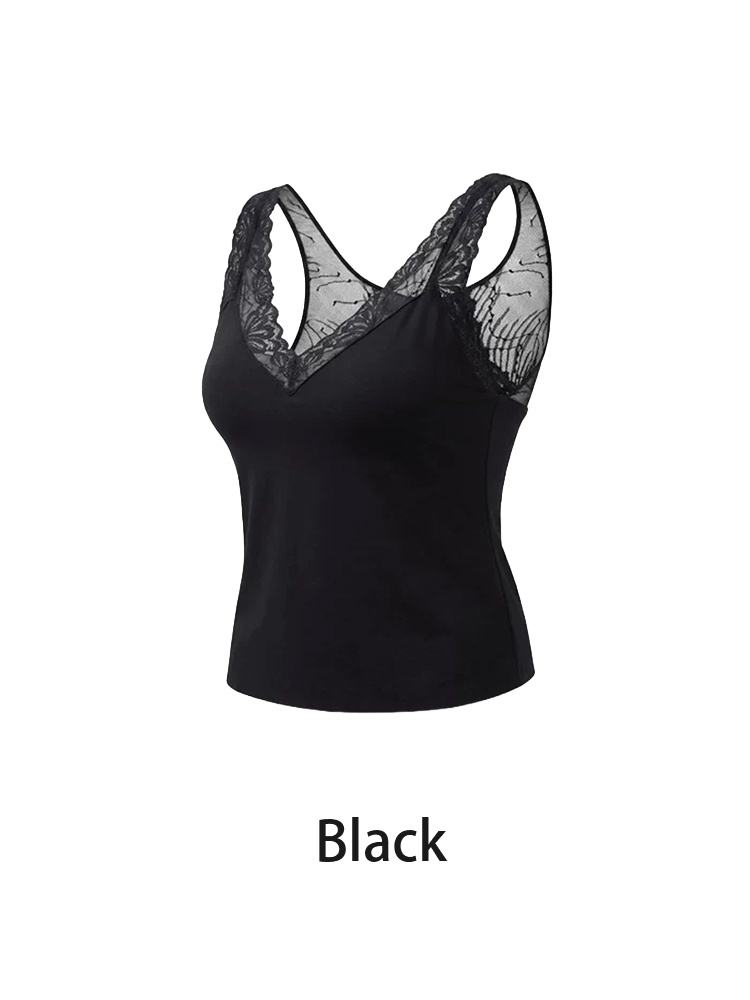 Black lace tank top front view with V neckline and wide straps VEIMIA