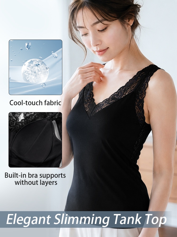Model wearing black lace tank top with cool touch fabric graphic VEIMIA