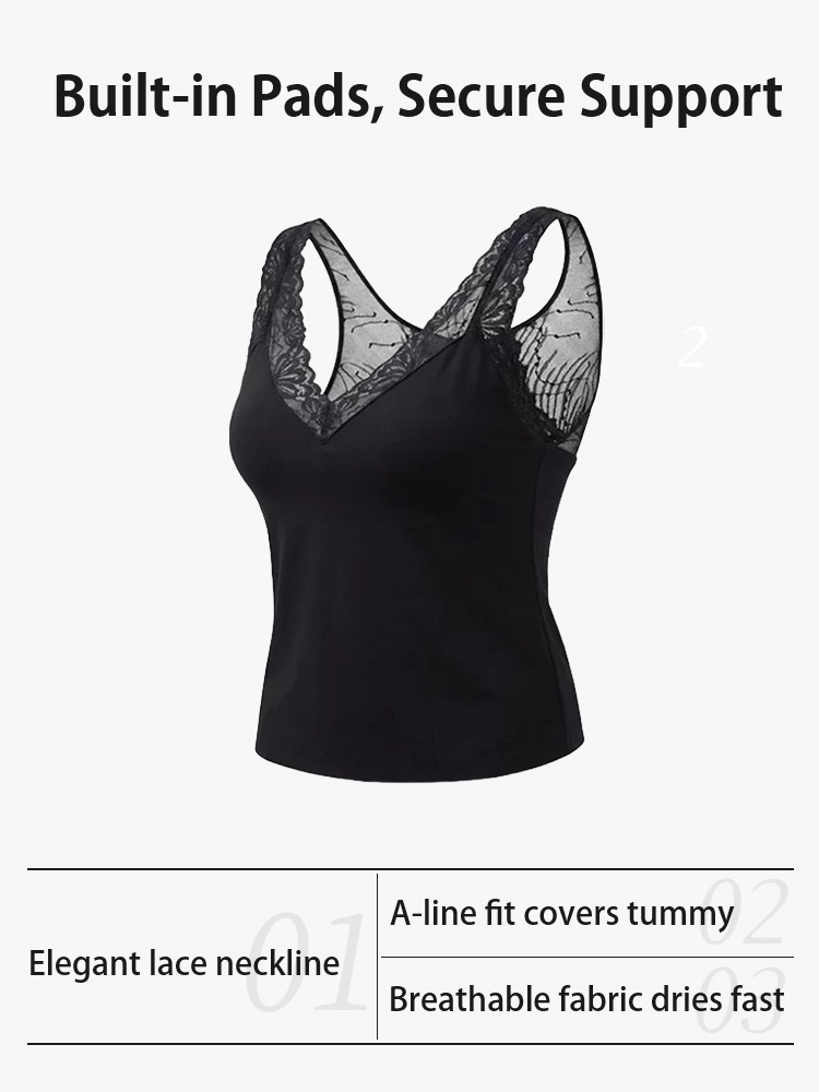 Black lace tank top front view with built in pads and A-line fit VEIMIA