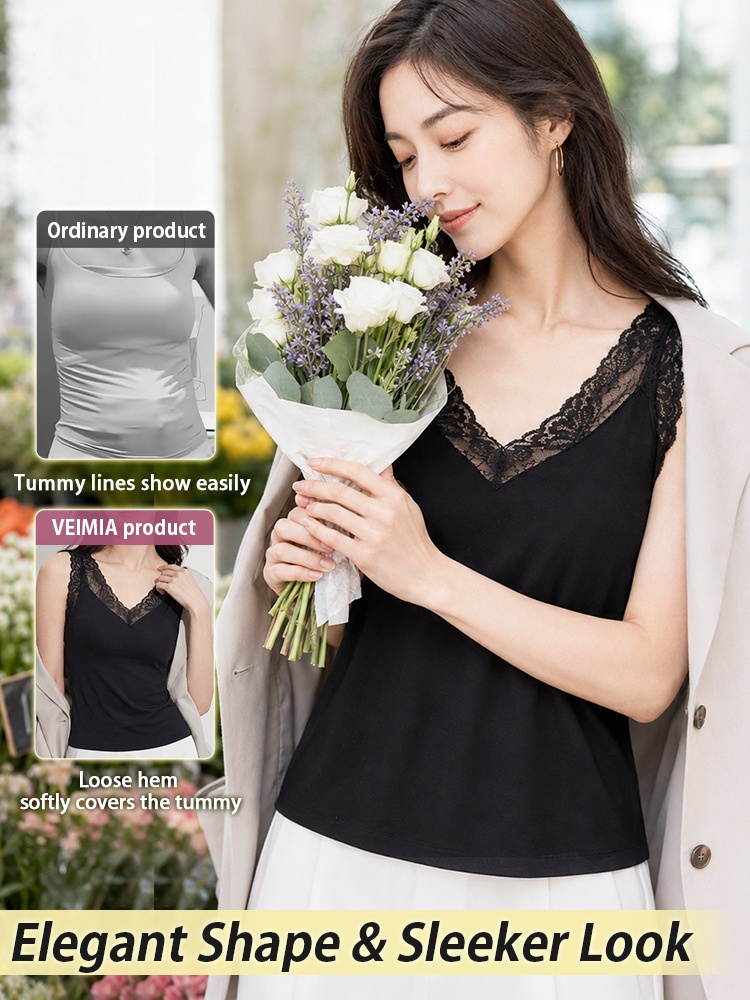Model wearing black lace tank top with loose hem tummy coverage VEIMIA