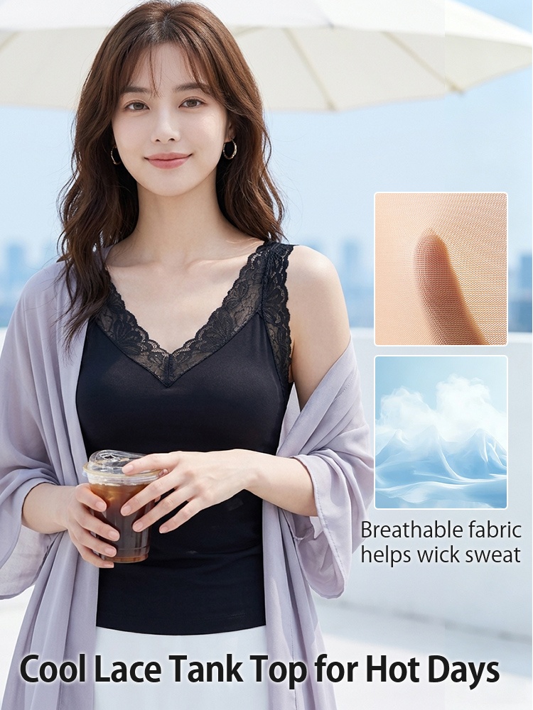 Model wearing black lace tank top with breathable fabric detail graphic VEIMIA
