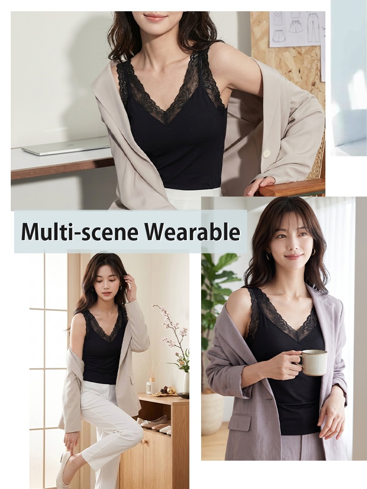 Multi scene collage of model wearing black lace tank top with jackets VEIMIA