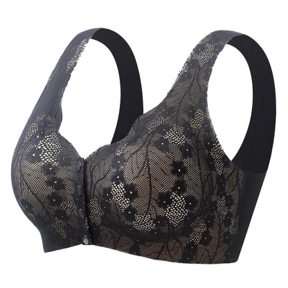 Black Color Seamless Lace Front Closure Anti-sagging Bra For Women Elastic Straps VEIMIA