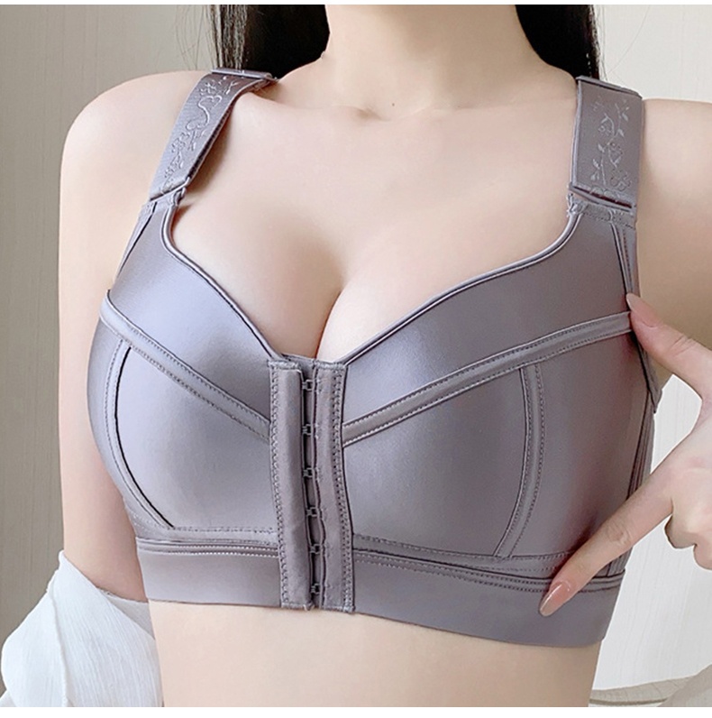 Model Wear Gray Color Plus Size Push Up Easy Wear Front Closure Bras VEIMIA