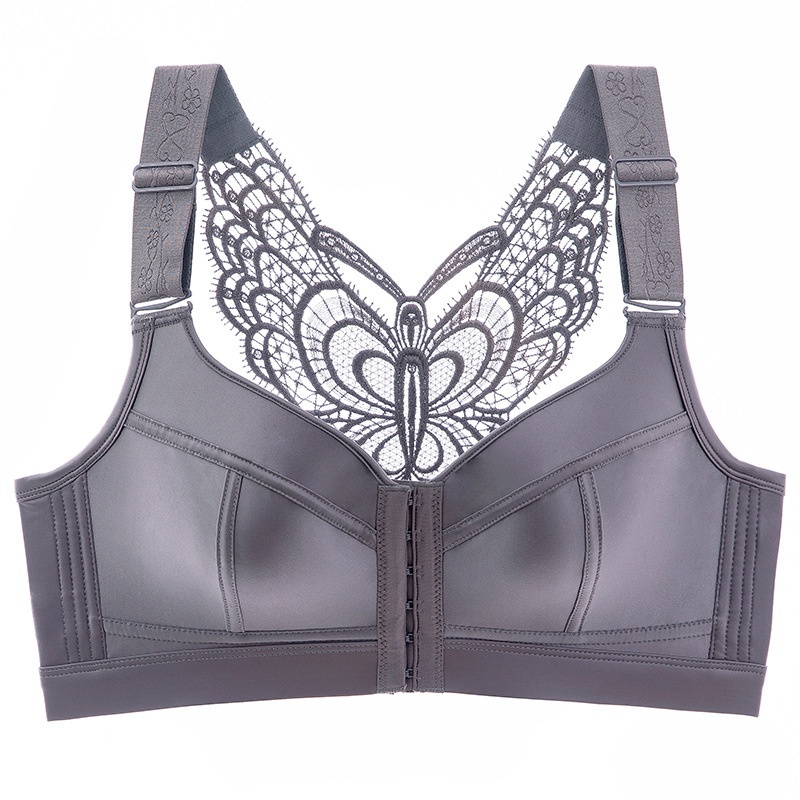 Gray Color Show Off Butterfly Beautiful Back Plus Size Push Up Wireless Front Closure Bra With Message Particles VEIMIA