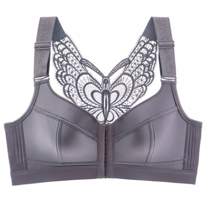Gray Color Show Off Butterfly Beautiful Back Plus Size Push Up Wireless Front Closure Bra With Message Particles VEIMIA