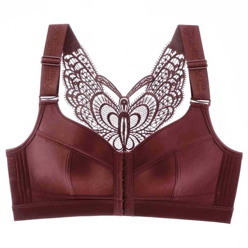 Red Color Show Off Butterfly Beautiful Back Plus Size Push Up Wireless Front Closure Bra With Message Particles VEIMIA