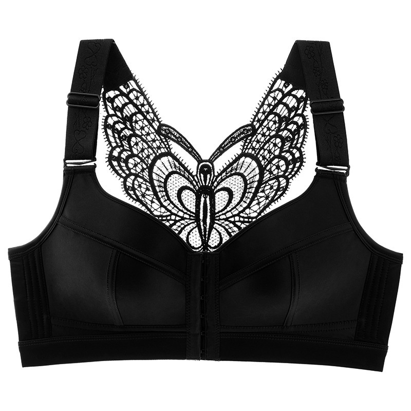 Black Color Show Off Butterfly Beautiful Back Plus Size Push Up Wireless Front Closure Bra With Message Particles VEIMIA