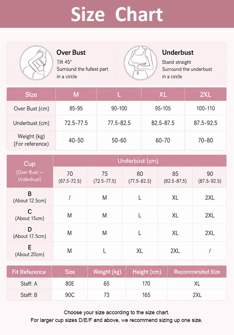 Bra size chart with overbust underbust weight and cup measurement guide VEIMIA