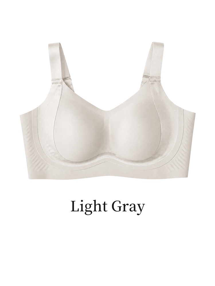 Light gray full coverage bra front view with wide straps and smooth cups VEIMIA
