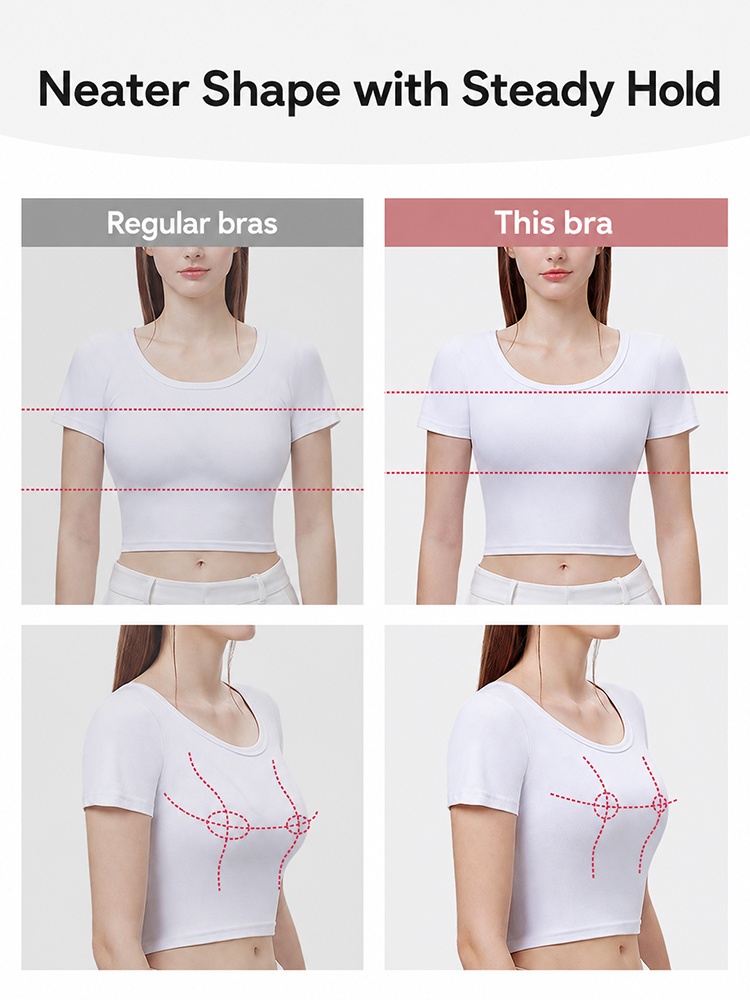 Comparison graphic showing regular bra and smoother supported shape under white shirt VEIMIA