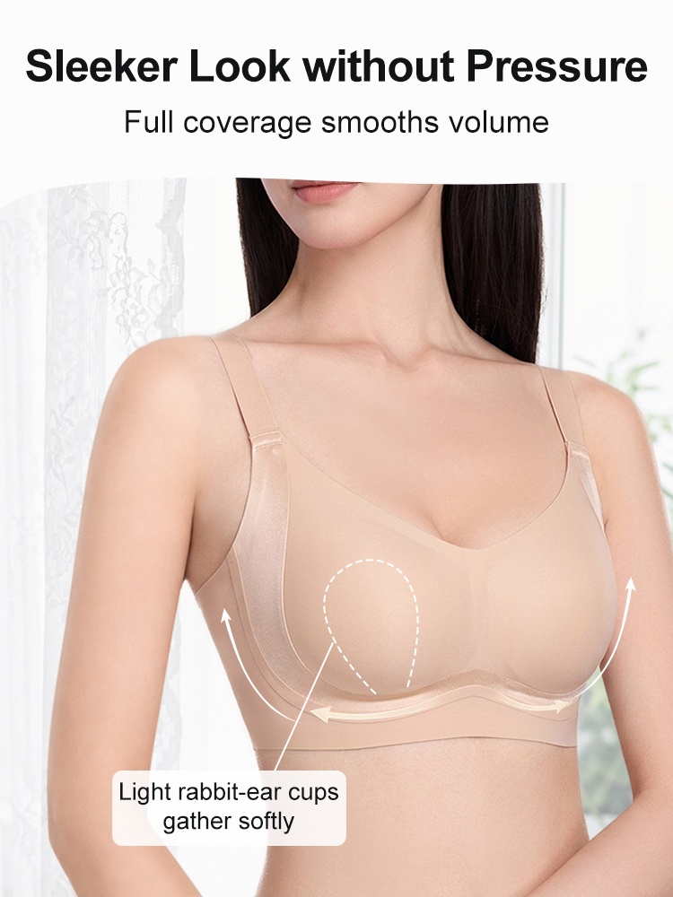 Feature graphic showing full coverage cups and soft gathering support on sand bra VEIMIA
