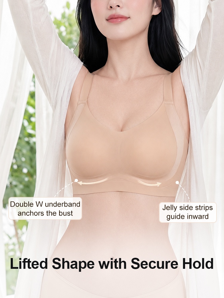 Model wearing sand bra with double underband and inward side support strips VEIMIA