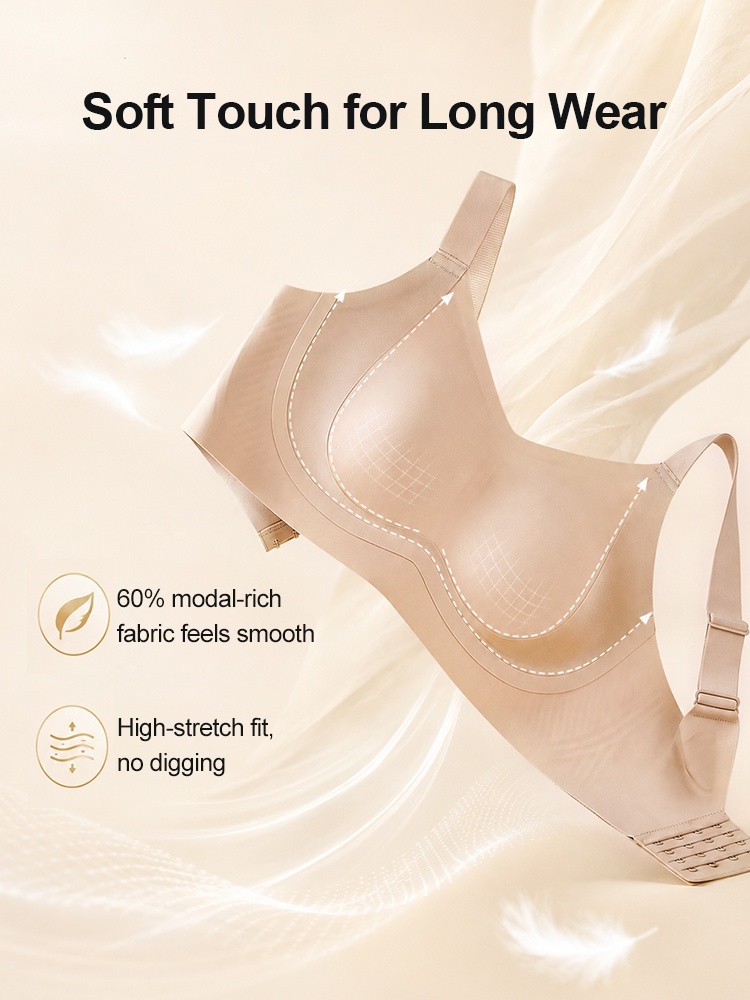 Feature graphic showing sand bra modal-rich fabric and high-stretch construction VEIMIA