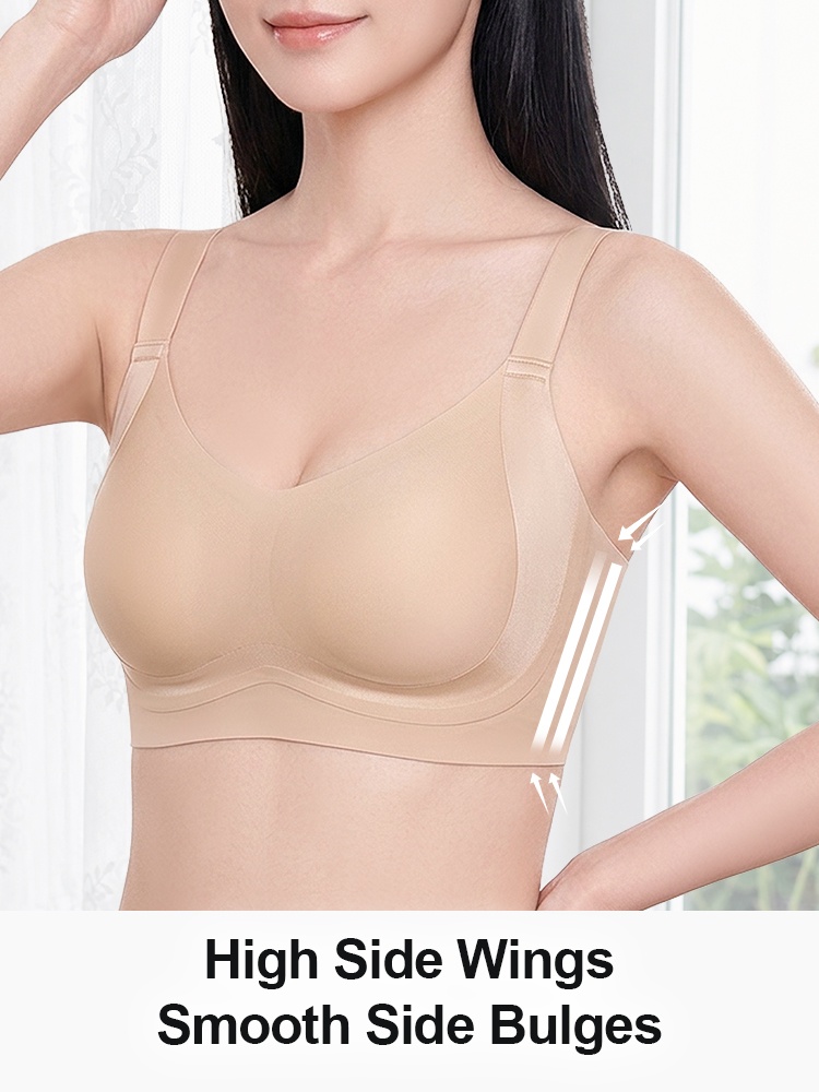 Model wearing sand bra front view with high side wings VEIMIA