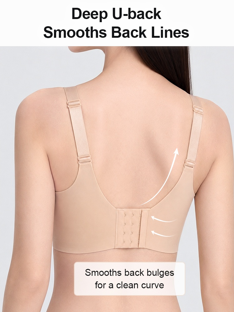 Model wearing sand bra back view with deep U-back and hook closure VEIMIA