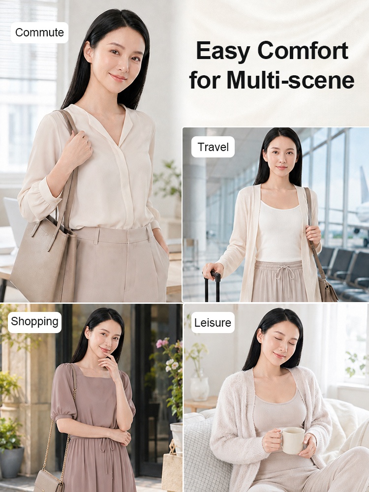 Lifestyle collage showing bra worn under commute travel shopping and leisure outfits VEIMIA