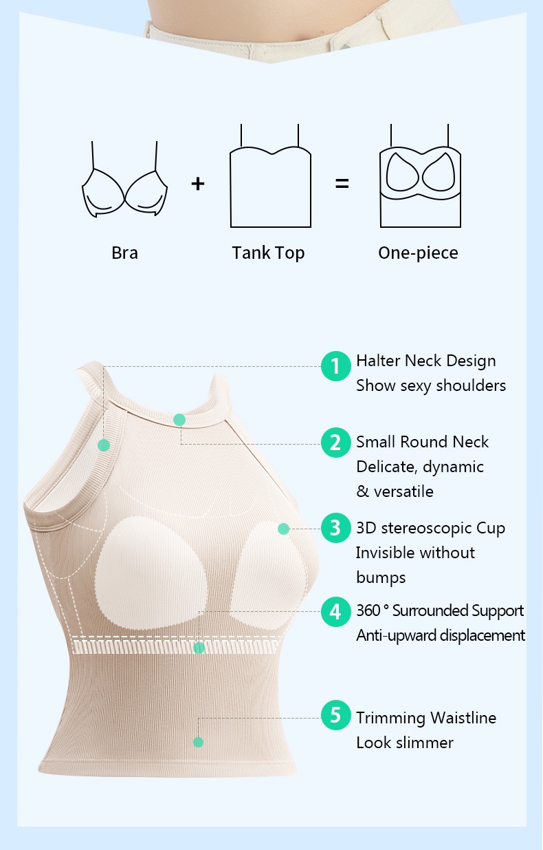 High Elastic Ribbed Tank Tops With Built-in 3D Cup Bra - 2 In 1 Fashionable Versatile Halter Neck Tops VEIMIA