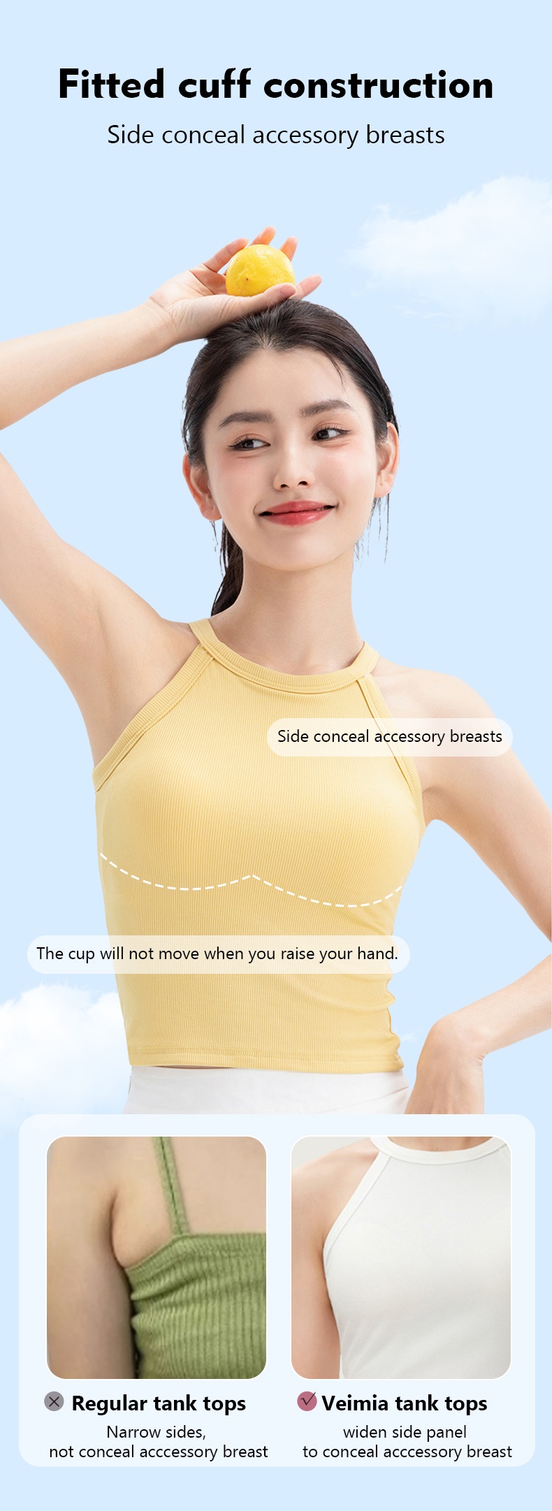 High Elastic Ribbed Tank Tops With Built-in 3D Cup Bra One Piece 2 In 1 Versatile Halter Neck Top VEIMIA