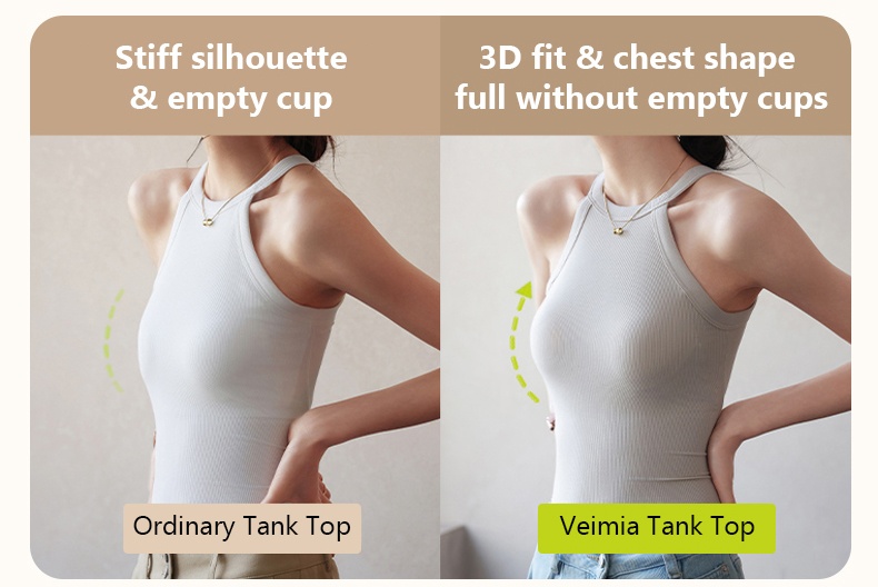 High Elastic Ribbed Tank Top With Built-in 3D Cup Bra One Piece 2 In 1 Fashionable Versatile Halter Neck Top Double Layer VEIMIA