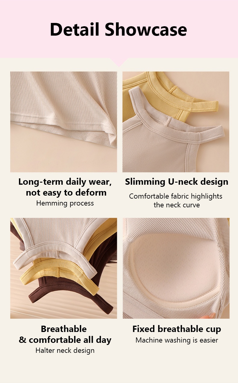 Breathable Ribbed Tank Tops With Built-in 3D Cup Bra One Piece 2 In 1 Fashionable Versatile Halter Neck Top Detail Showcase VEIMIA