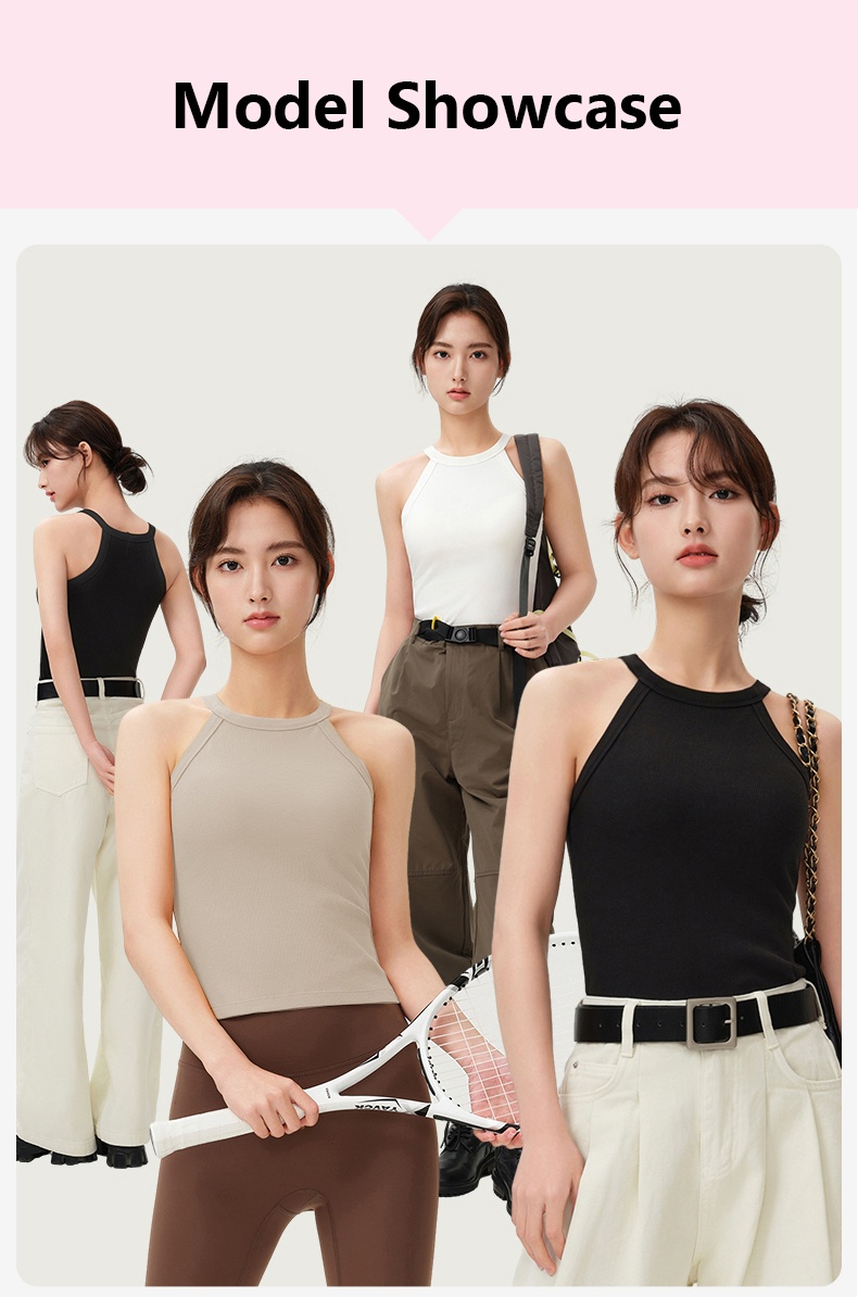 Breathable Ribbed Tank Tops With Built-in 3D Cup Bra One Piece 2 In 1 Fashionable Versatile Halter Neck Top Models Showcase VEIMIA